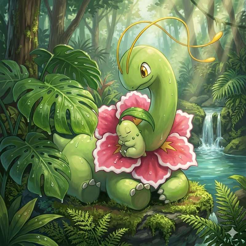 A friendly green dinosaur cradling a baby in a pink hibiscus flower in a lush jungle.