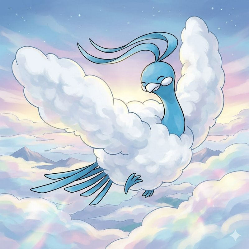 Whimsical blue bird-like creature soaring through fluffy clouds in a pastel sky.
