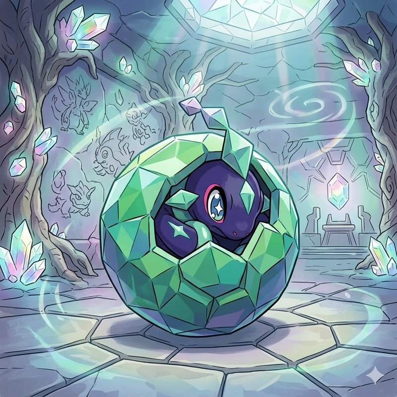 Cute purple hatchling curled inside a large emerald crystal egg in a glowing fantasy cavern.