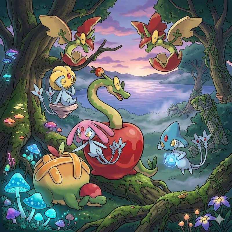 Colorful fantasy forest with a dragon-apple, a pink bunny, and blue creatures among glowing mushr...