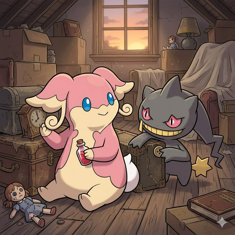 Cute pink cartoon creature holding a red bottle in a cluttered attic with a gray, grinning cat-li...