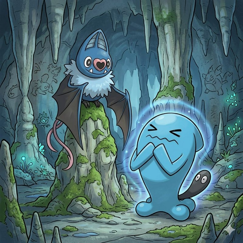 Cartoon blue blob character shielding its face in a glowing cave while a bat perches on a mossy r...