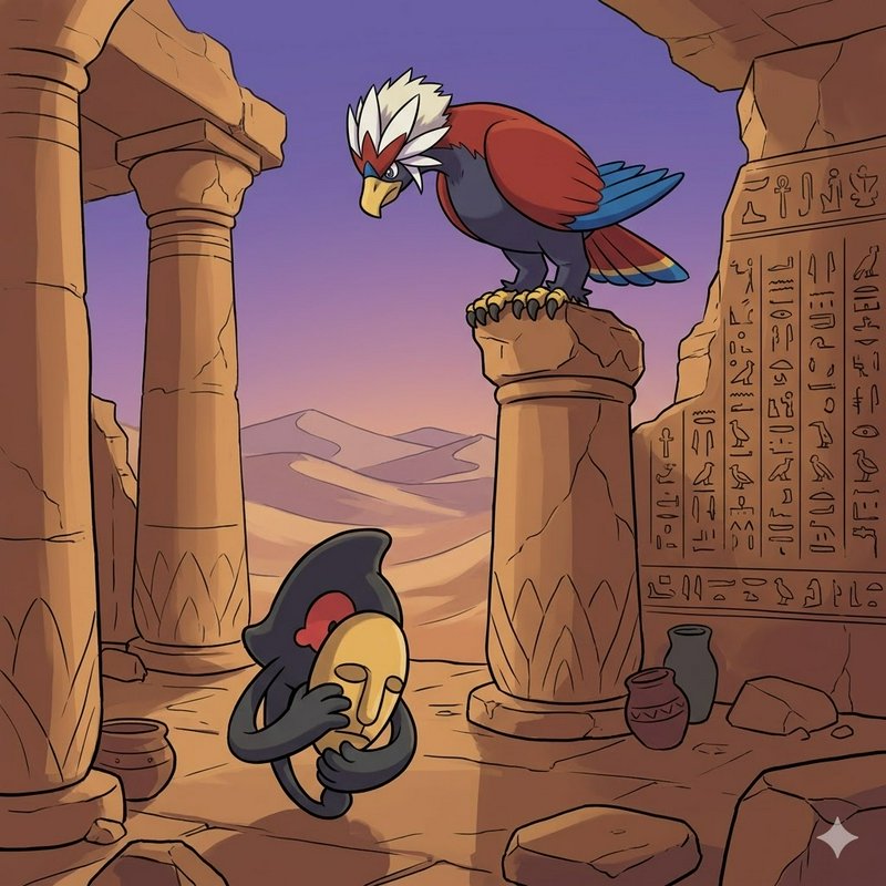 Cartoon bird perched on ancient ruin column as a masked figure holds a mask in a desert setting.