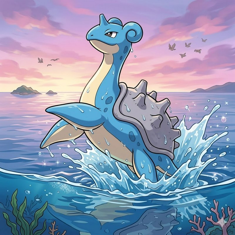Cartoon blue plesiosaur-like sea dragon leaping from waves at sunset