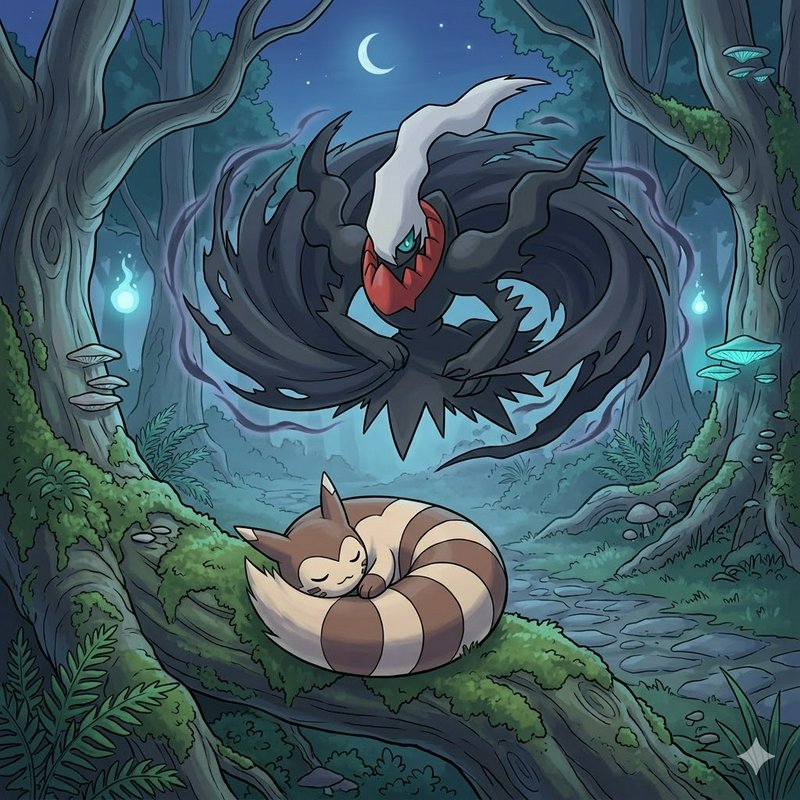 Sleepy striped animal curled on a mossy log as a dark ghostly creature looms in a moonlit forest.