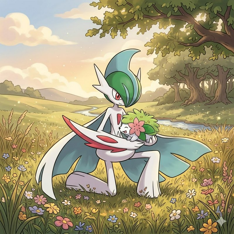 Animated Gardevoir-like Pokemon in a sunny meadow holding a flower bouquet.