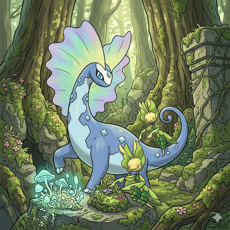 A pastel-blue dragon with a translucent sail and two leafy companions in a lush forest.