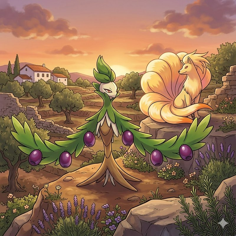Fantasy landscape with a leafy plant creature and a curled golden fox-like figure at sunset.