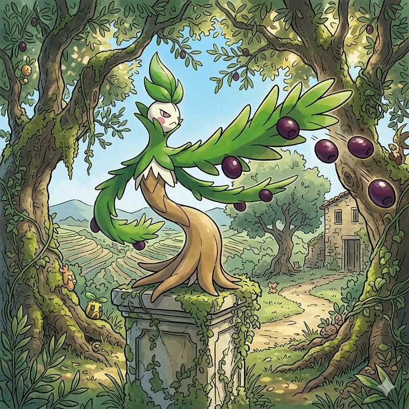 Whimsical leafy-winged creature perched on a stone pedestal in an olive garden.