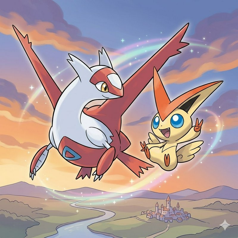 Two cartoon dragons flying together at sunset with a rainbow over a village and castle.
