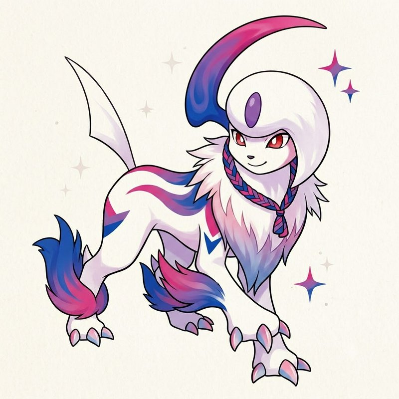 Whimsical horned fantasy canine with gradient pink-blue mane, braided necktie, and starry sparkles.