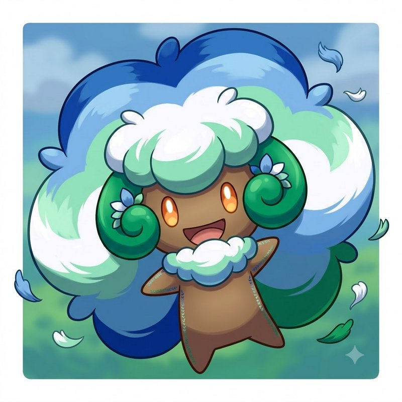 Cute cartoon cloud sheep with fluffy blue-green mane and brown body.
