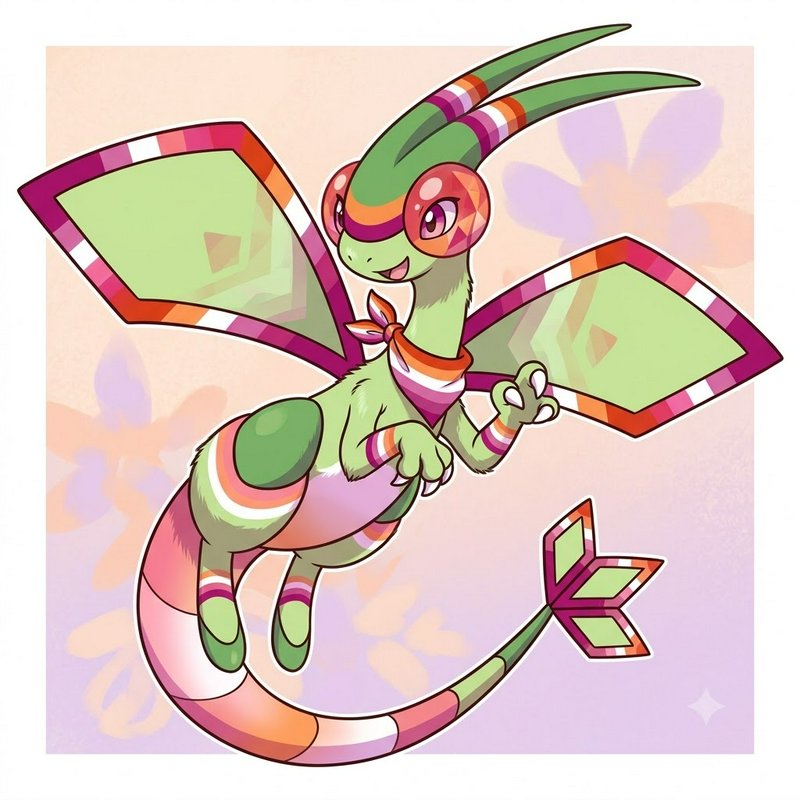 Colorful dragon-like character with green wings and pink-orange accents in a playful pose.