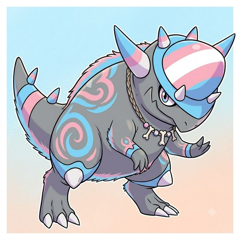 Pastel-colored cartoon dinosaur with striped horned helmet and bone necklace.