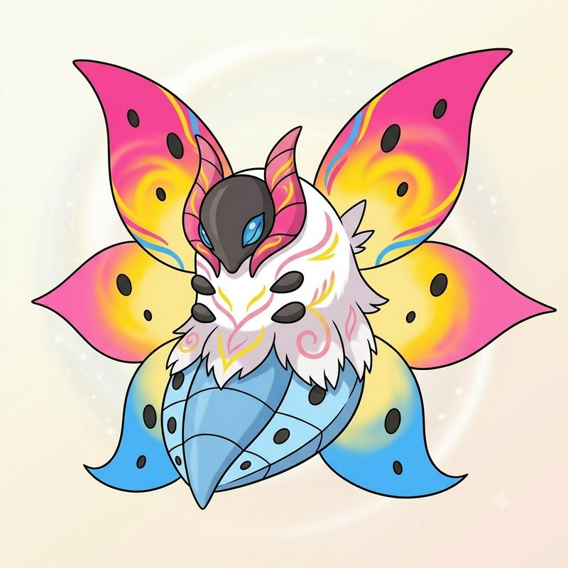 Colorful fantasy butterfly-creature with vibrant pink-yellow wings, blue tail, and white fur chest.