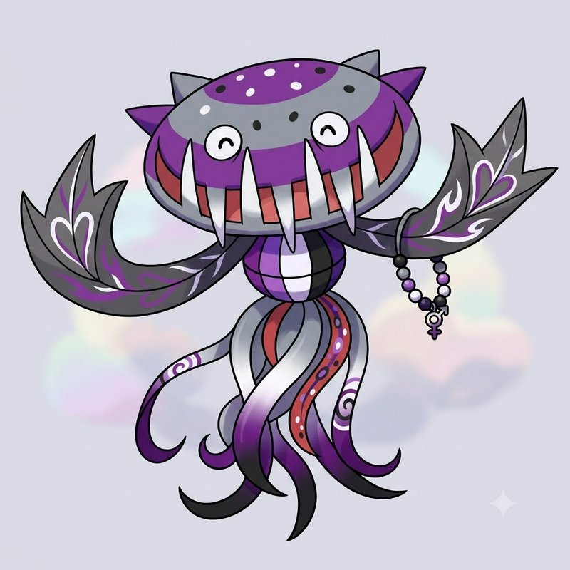 Whimsical purple-gray jellyfish-like creature with large teeth and flowing tentacles on a pastel ...