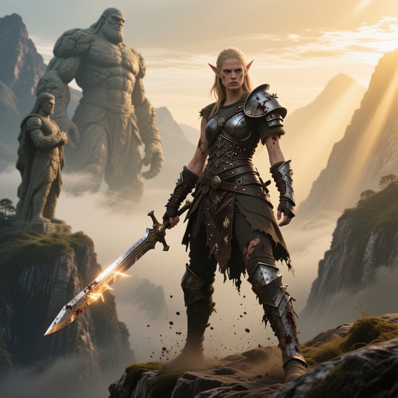 Battle-worn armored elf warrior holds a glowing greatsword on a misty mountain ledge, with giant ...