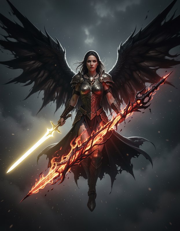 Dark winged female warrior floats holding a glowing holy sword and fiery staff against a stormy sky
