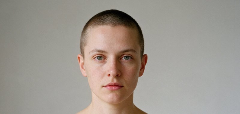 Close up portrait of a person with a short buzz cut looking directly at the camera against a plai...