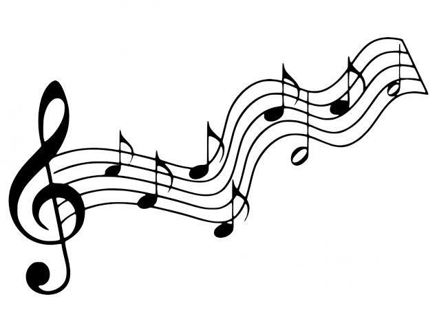 Treble clef with musical notes arranged on a flowing wavy staff in black line art