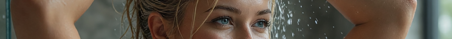 Close-up of a woman with bright blue eyes and wet blonde hair behind water-speckled shower glass