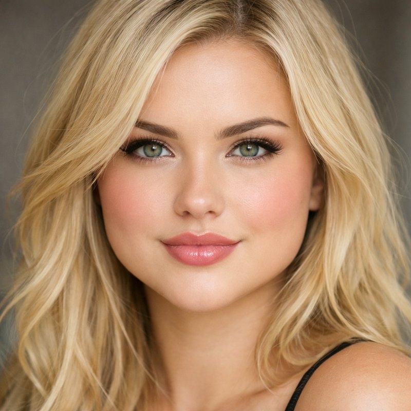Close-up studio portrait of a young blonde woman with green eyes and soft natural makeup