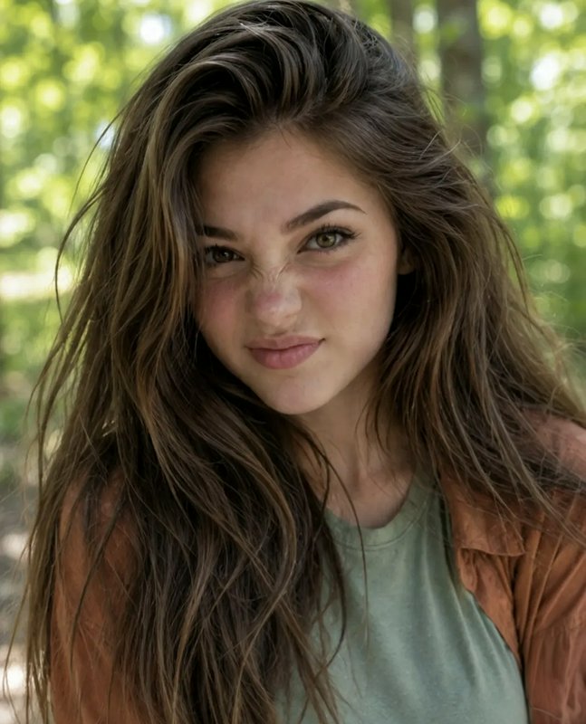 Young woman with messy wavy brown hair makes a playful face in a sunlit forest