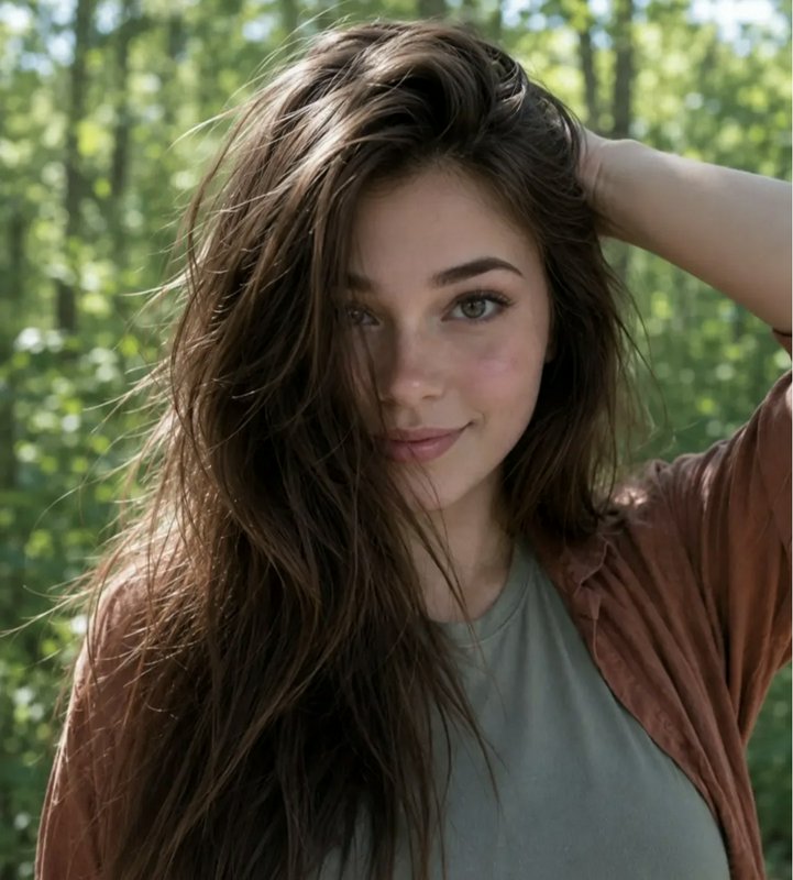 Young woman with windswept long brown hair smiles softly while posing in a sunlit green forest
