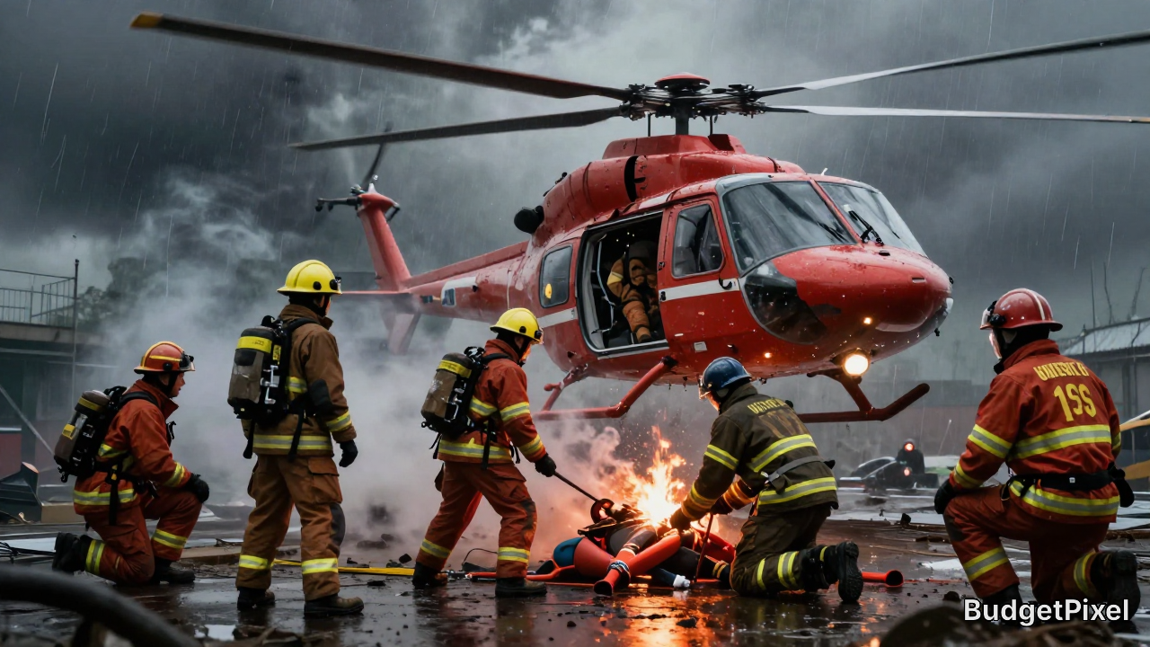 Red firefighting helicopter with multiple firefighters battling a blaze on a rainy tarmac.