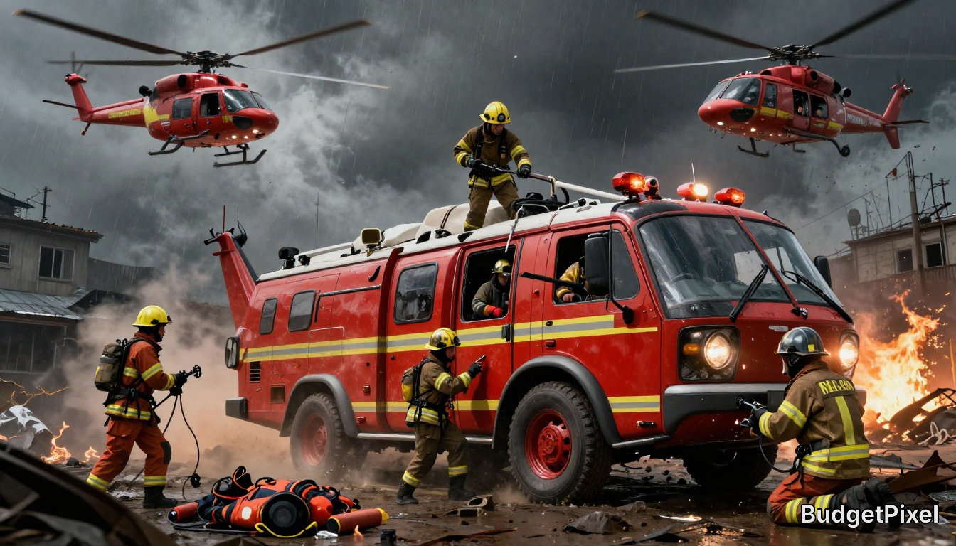Firefighters battle a blaze around a red rescue truck with helicopters overhead in a smoky urban scene.