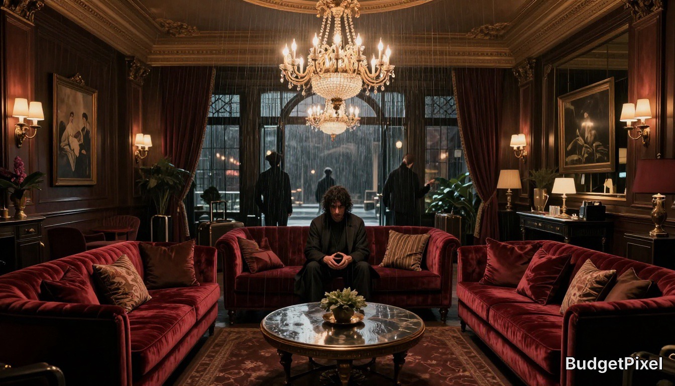 Elegant opulent hotel lounge with red velvet sofas, chandelier, and a solitary man seated center.