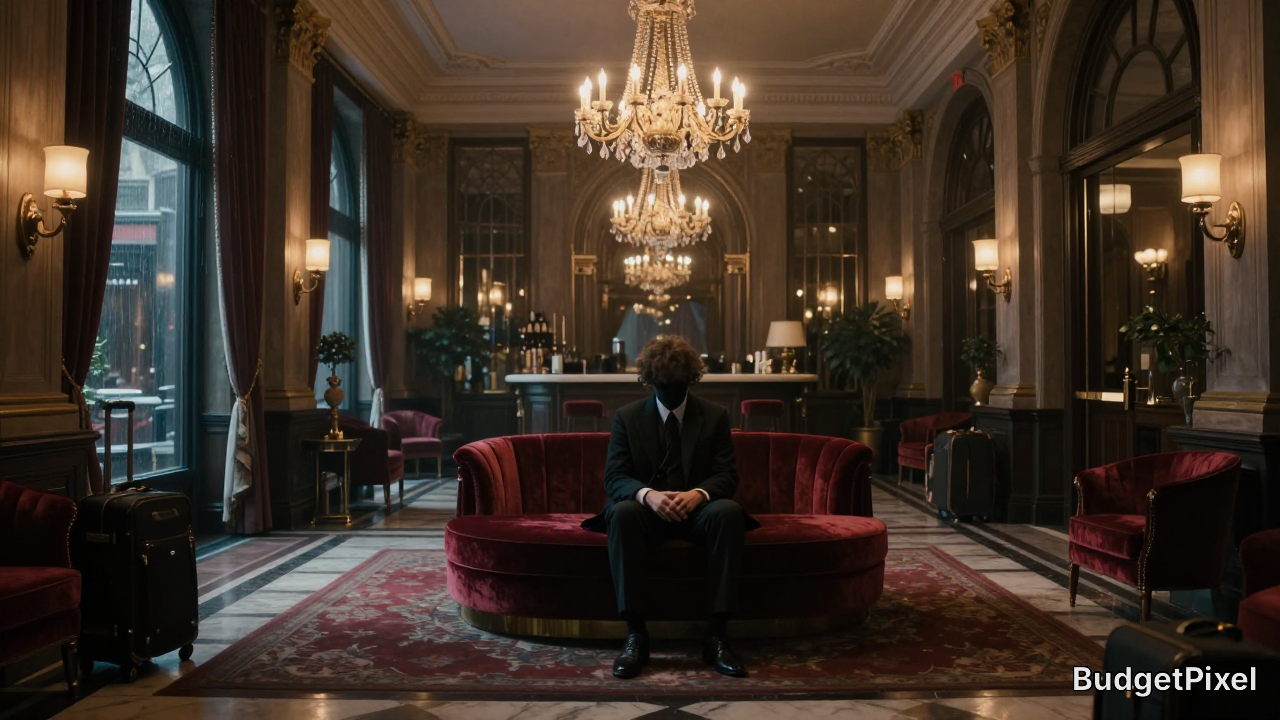 Man in a suit sits on a red velvet sofa in an ornate hotel lobby with chandeliers.