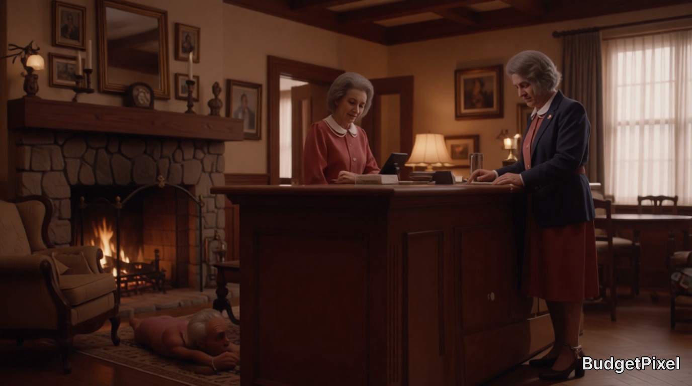 Two elderly women at a vintage hotel front desk in a warm, cozy lobby.