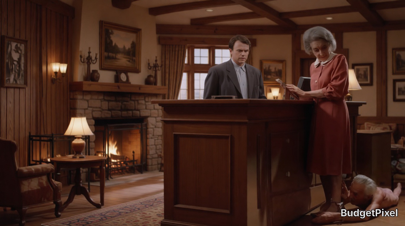 Vintage hotel lobby or office interior with a man at a wooden reception desk and an elderly woman with a small dog nearby.