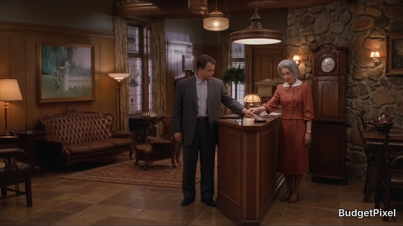 Man in a suit and a woman in a vintage orange dress at a hotel lobby reception with a stone wall and classic decor.