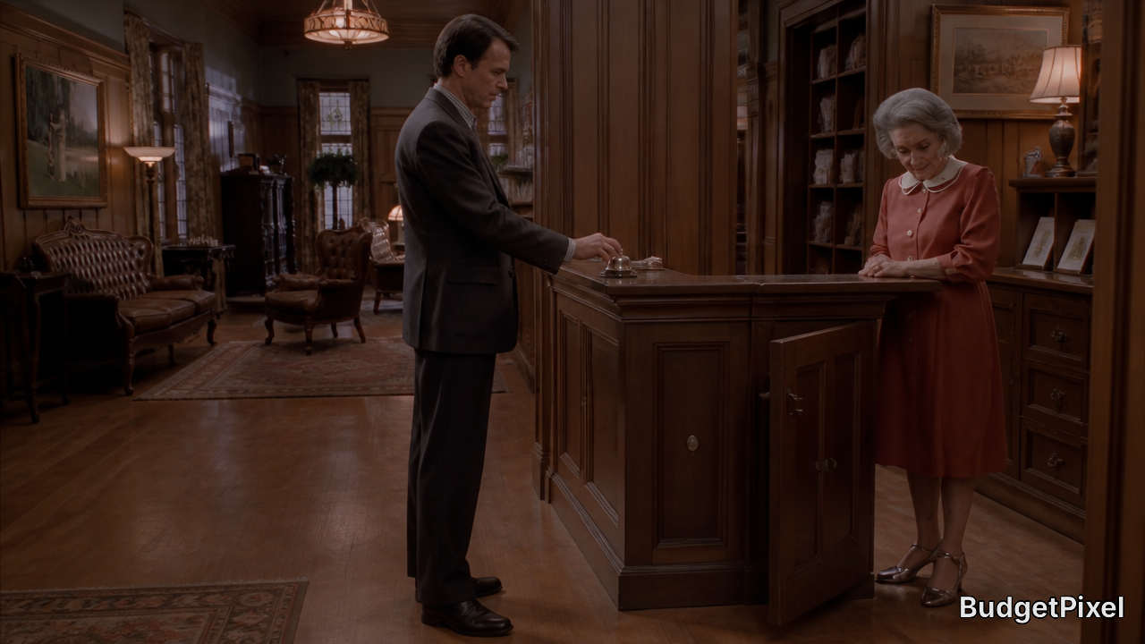 Man checks in at a wooden front desk as an elderly clerk assists in a vintage hotel lobby.