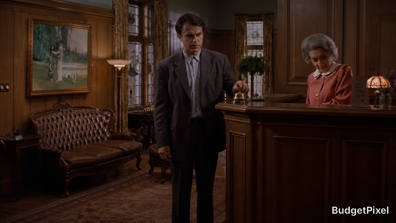 A man in a suit rings a front desk bell as an elderly woman in a pink cardigan stands behind a wooden hotel reception desk.