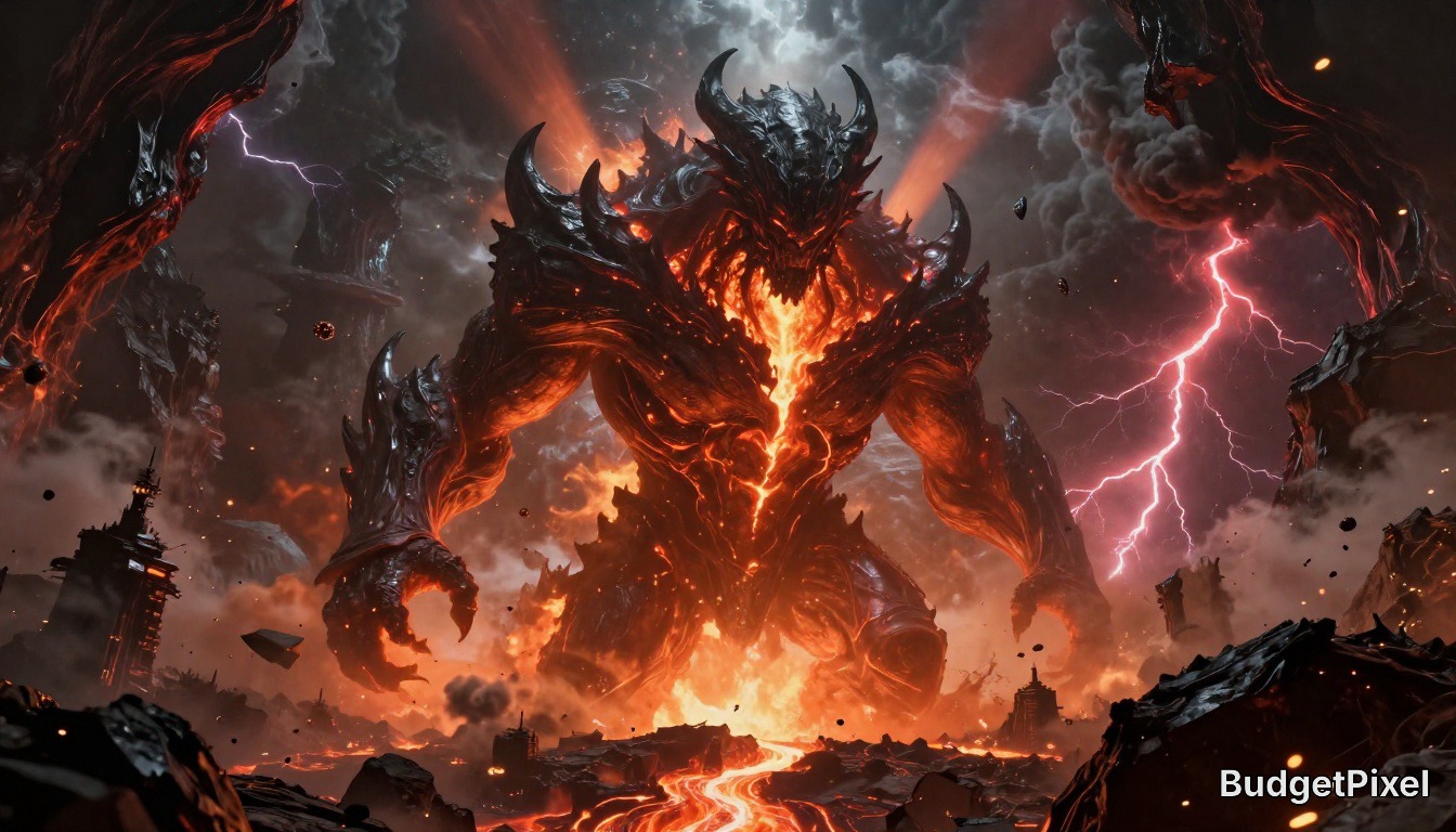 Massive molten demon towering over lava and rocks, with fiery glow and lightning in a dark volcanic battlefield.