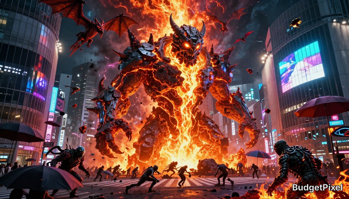 Massive lava-filled demon towers over a neon-lit city street, flames erupting as humans battle it.