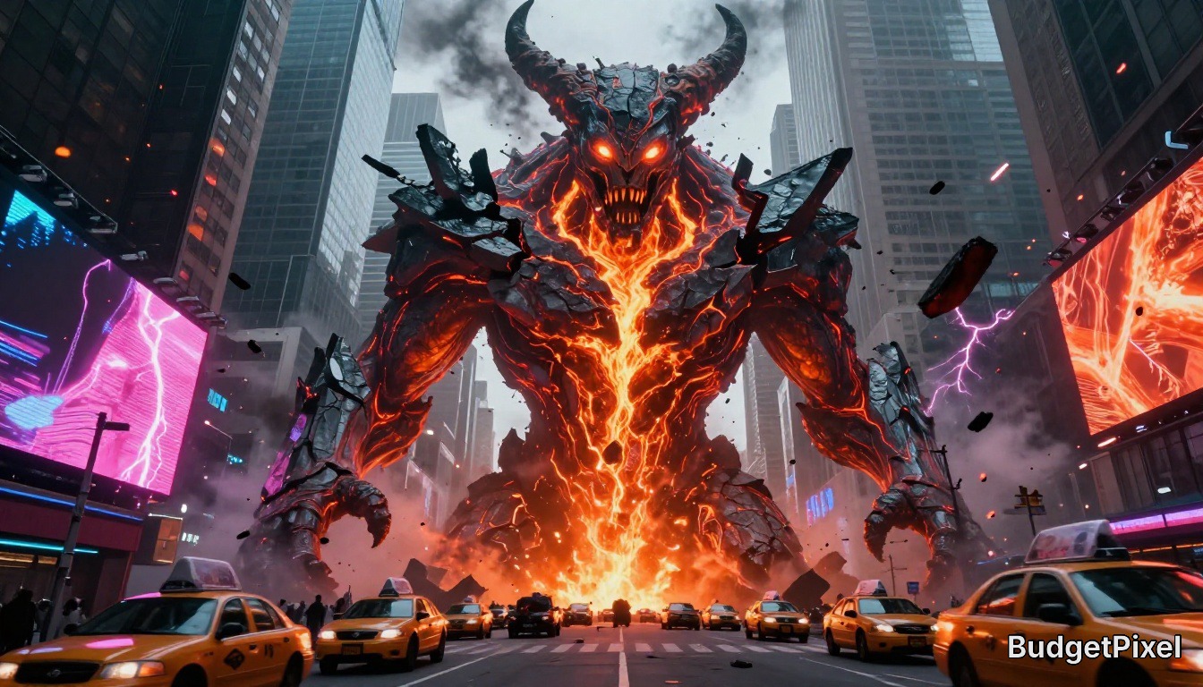 Giant fiery demon monster towering over a neon-lit city street amid wreckage and running taxis.