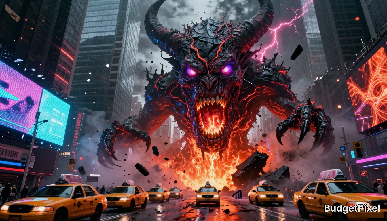 Massive fiery demon with glowing eyes and horns looms over a neon-lit city street amid exploding chaos.