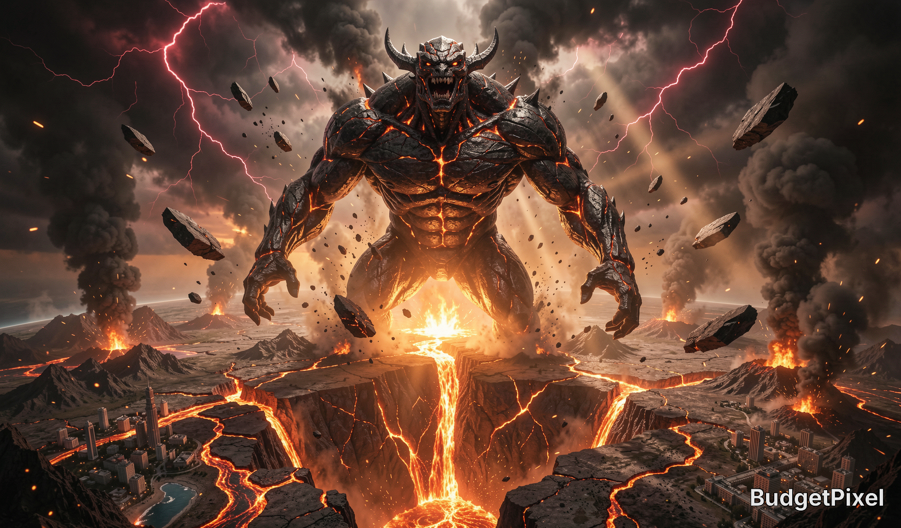 Colossal demon-like molten monster towering over a lava crater amid erupting volcanoes.