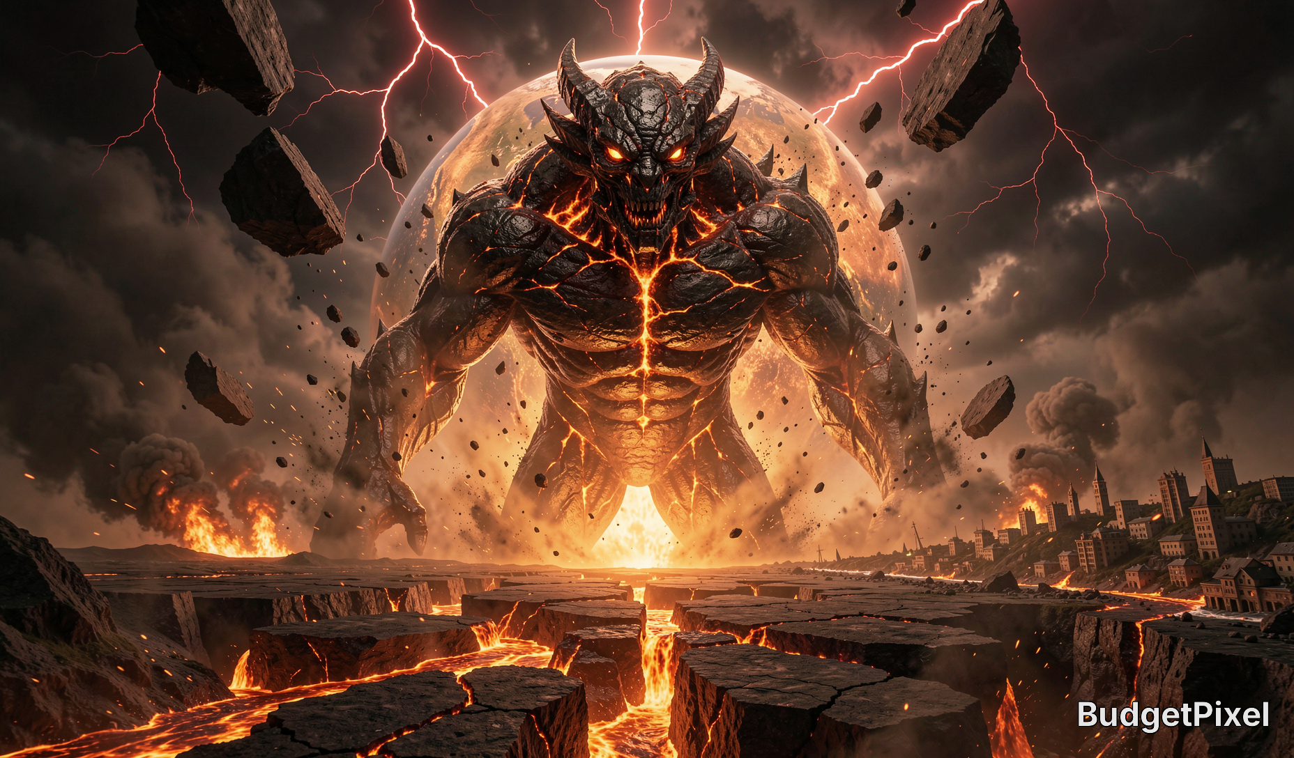 Fiery colossal demon rising from lava with cracked earth and volcanic city ruins in the background.