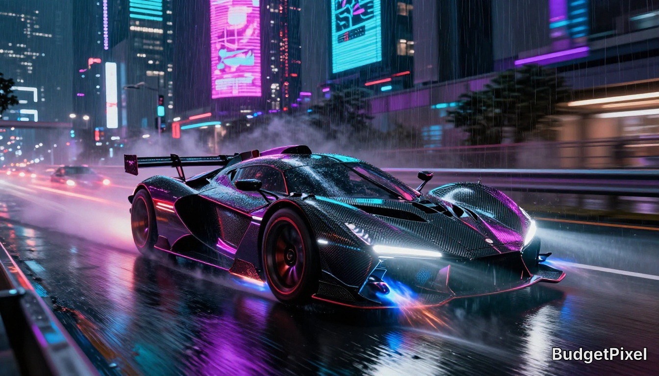 Futuristic neon-lit race car speeding through a rainy city street at night.