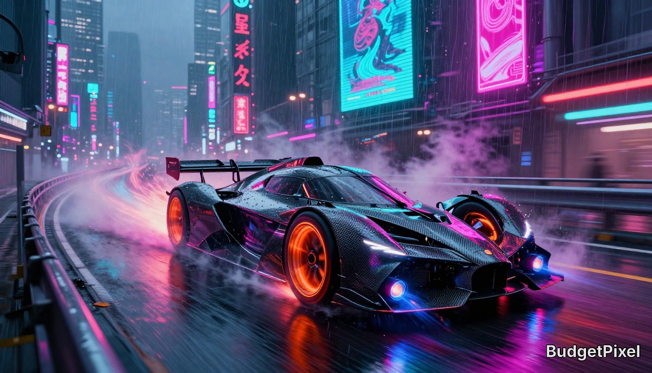 Neon-lit futuristic race car racing through a rainy city street at night.