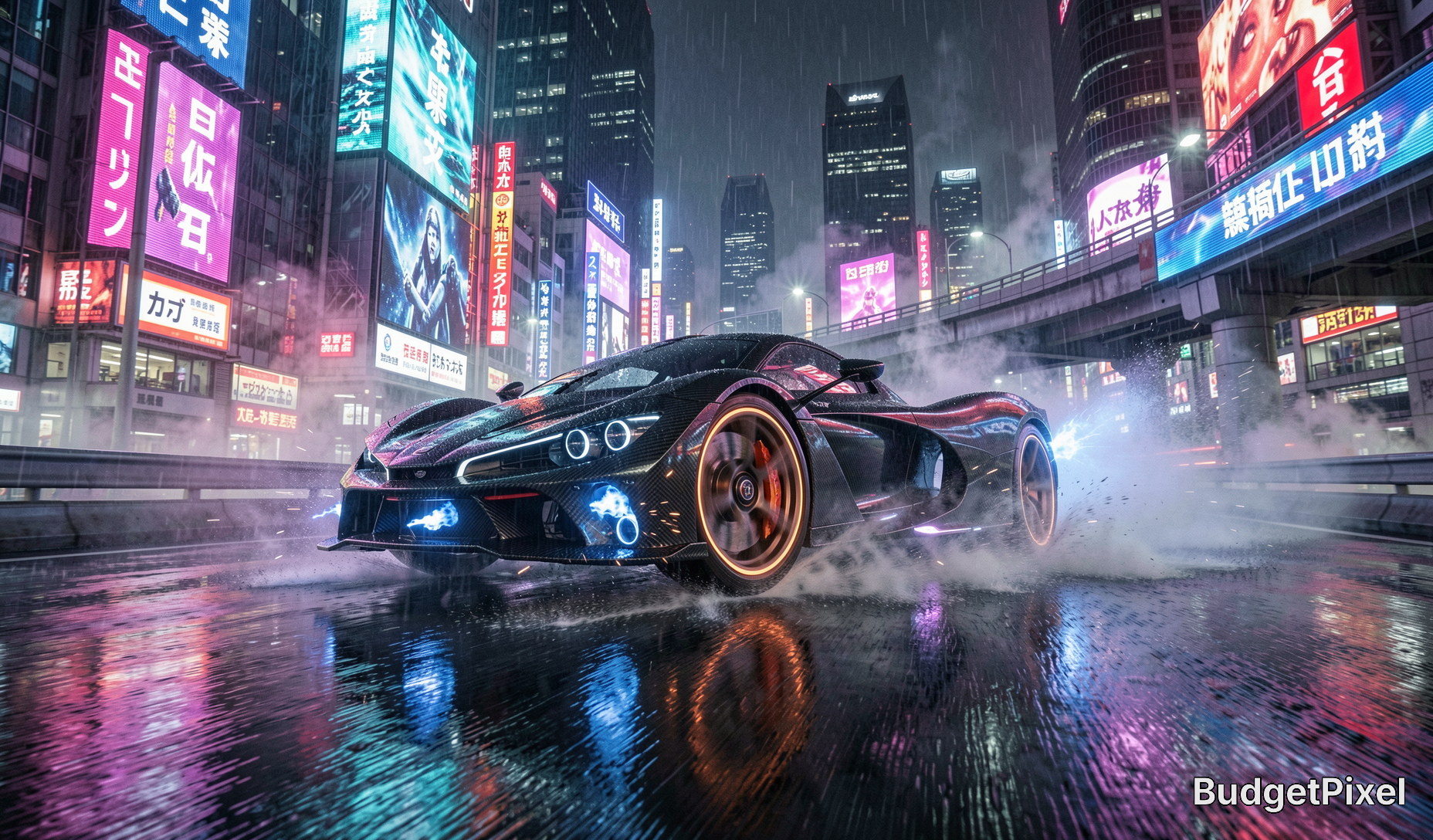 Futuristic black sports car with neon glow on a rainy, neon-lit city street at night.