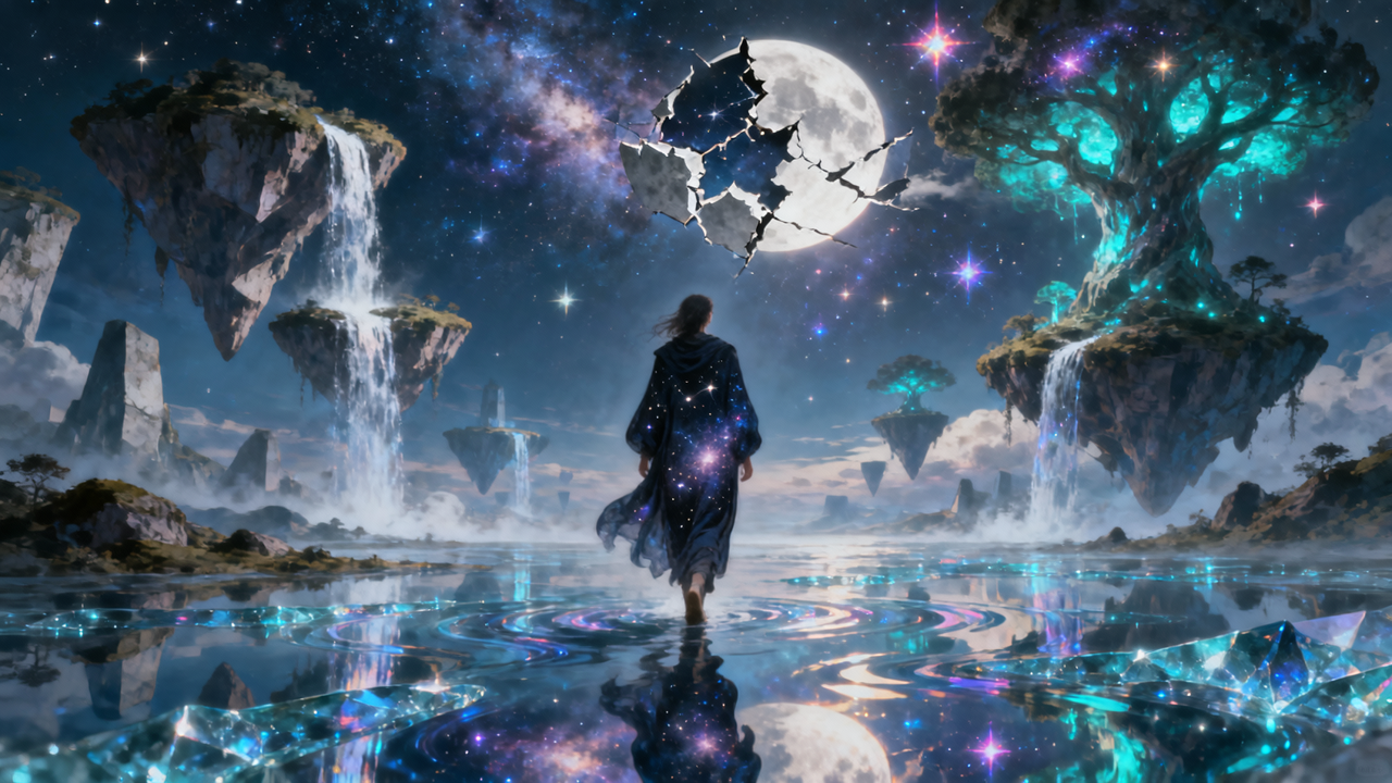 A silhouetted traveler walks on a reflective pool toward a cracked moon in a surreal fantasy landscape with floating islands.