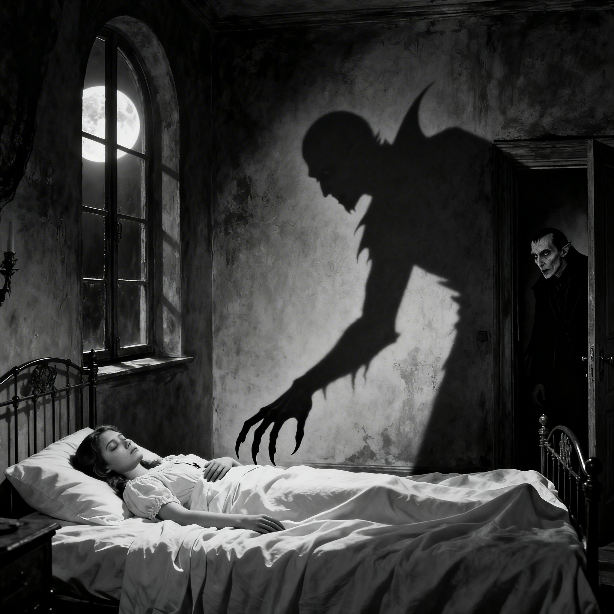 Girl asleep in a bed as a shadow demon looms on the wall; a pale vampire stands in the doorway.