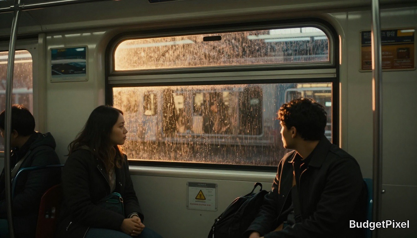 Two passengers sit opposite each other on a rainy train, with droplets on the window and a warm sunset glow.