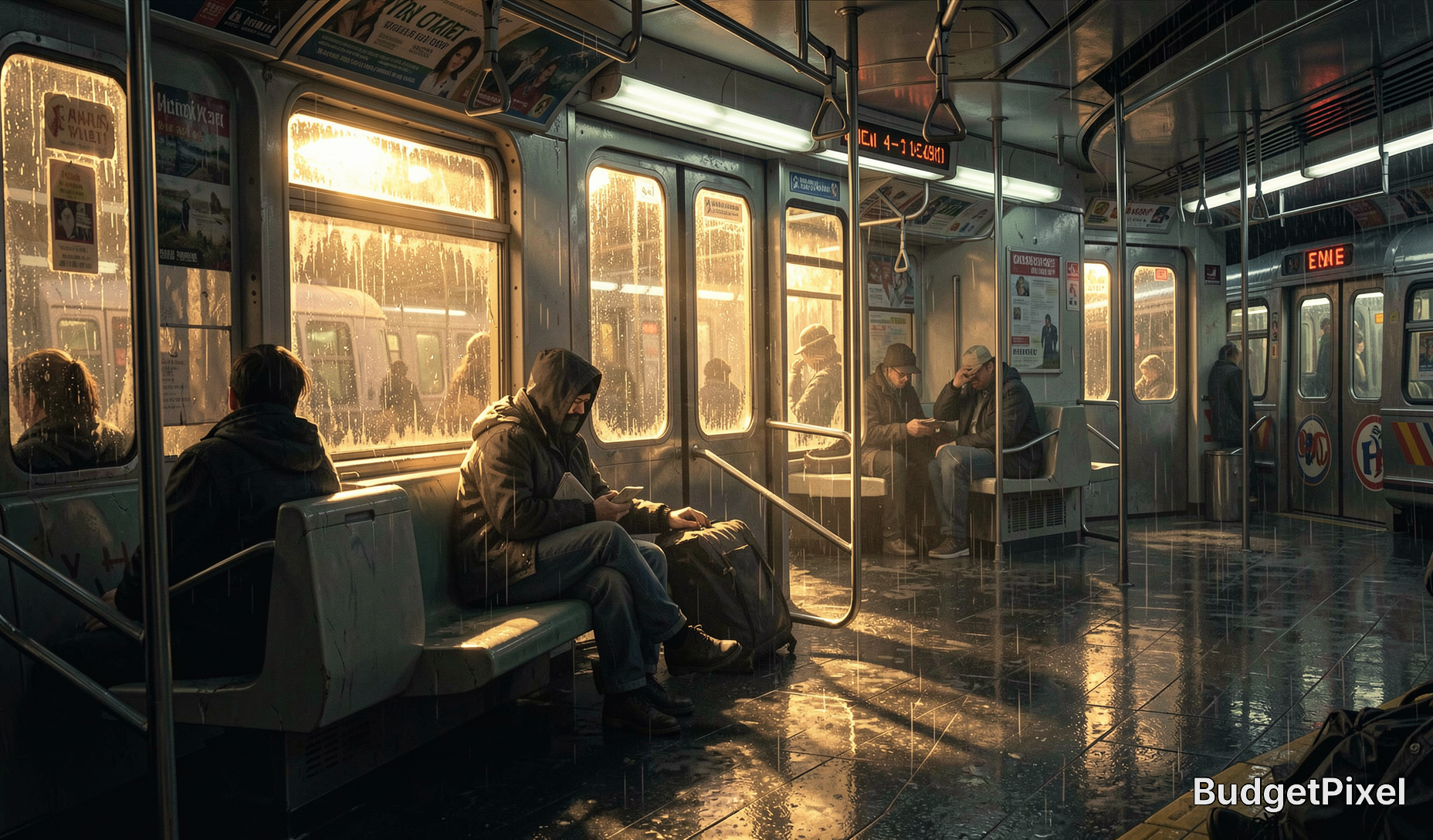 Indoor subway car at sunset with seated commuters, rain-streaked windows and a wet reflective floor.